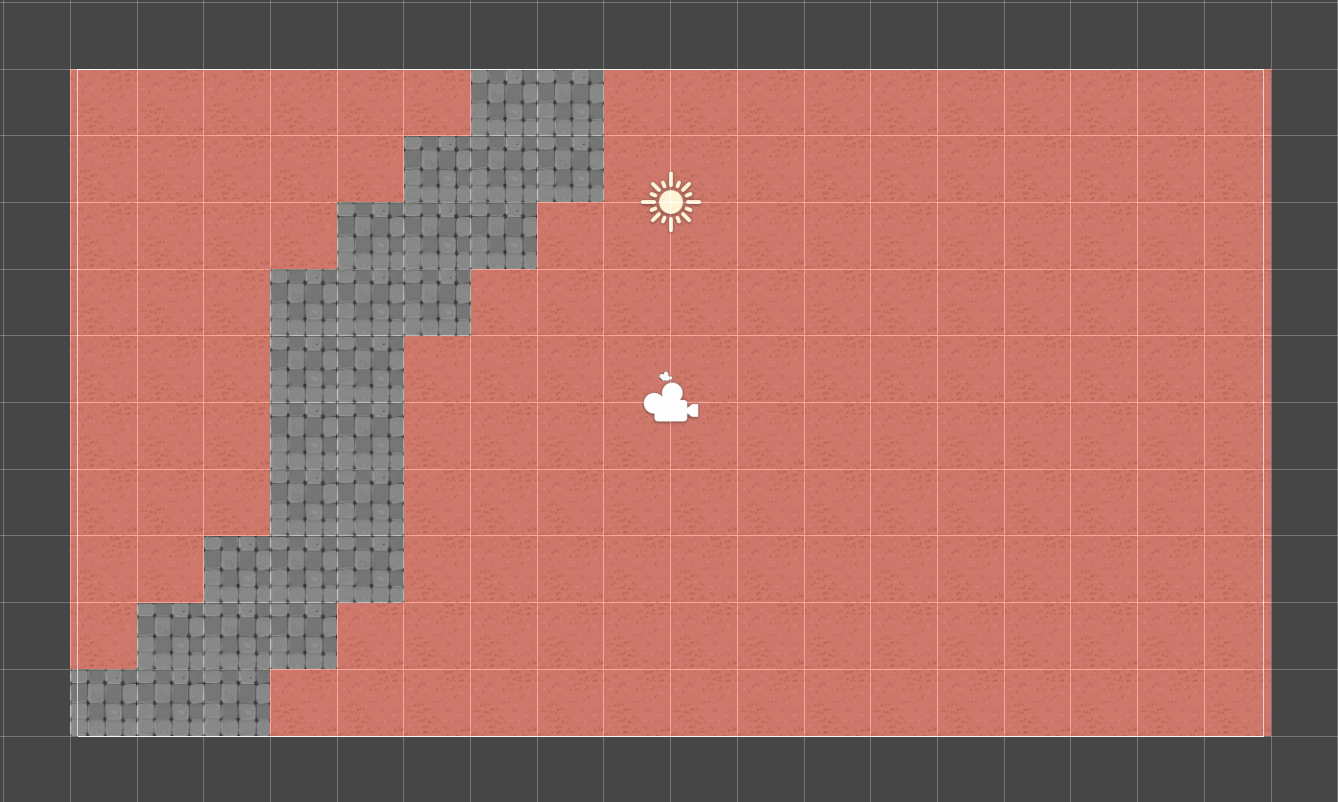 A simple placeholder game environment, created with two different tiles: a gray road tile and pink grass tile.]