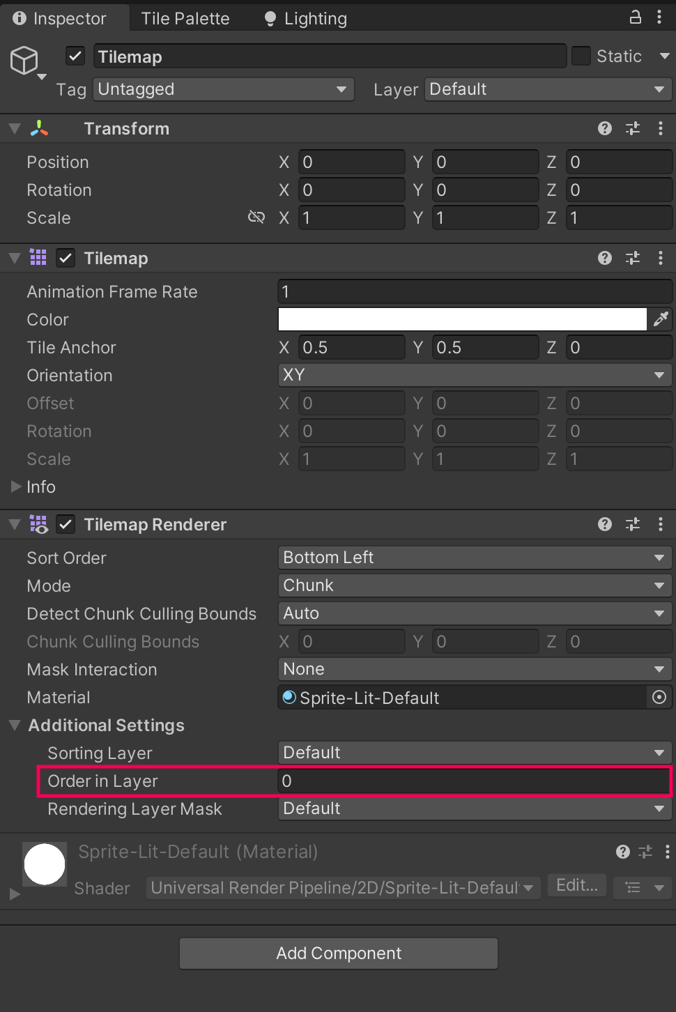 Screenshot showing the component with a callout for the Order in Layer property