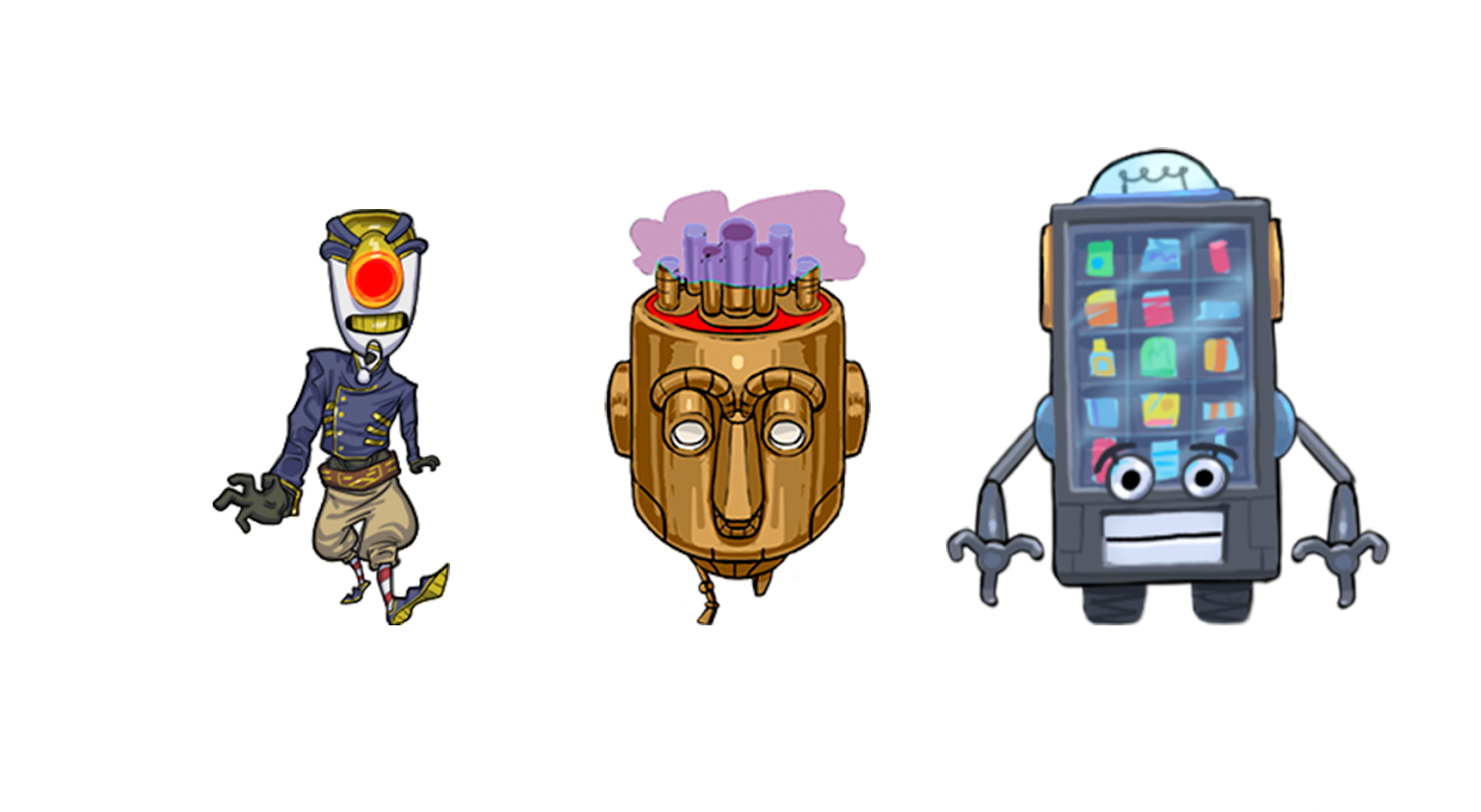 The three enemy character sprites of each theme next to each other.