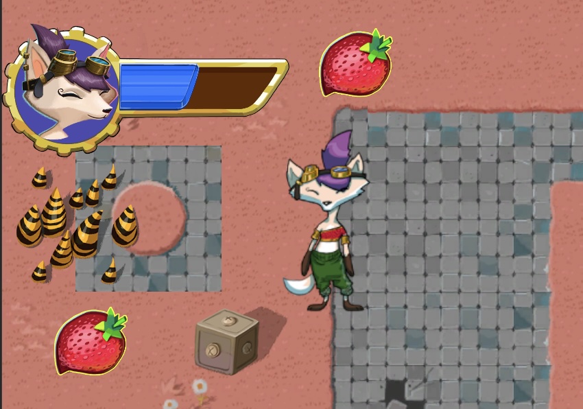 In-game close-up of the HUD: Ruby character portrait with a partially filled blue bar over a gold/brown frame, Ruby character nearby with damage zone and collectibles.