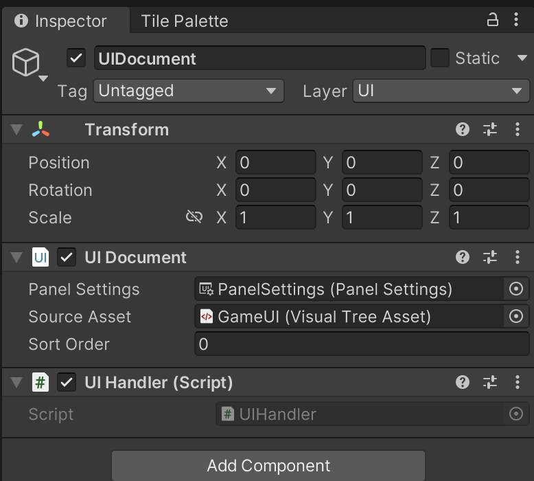 Unity Inspector showing a GameObject named “UIDocument”. Components displayed: Transform; UI Document with Panel Settings set to “PanelSettings” and Source Asset set to “GameUI” Sort Order 0; and a UI Handler (Script) field referencing “UIHandler.
