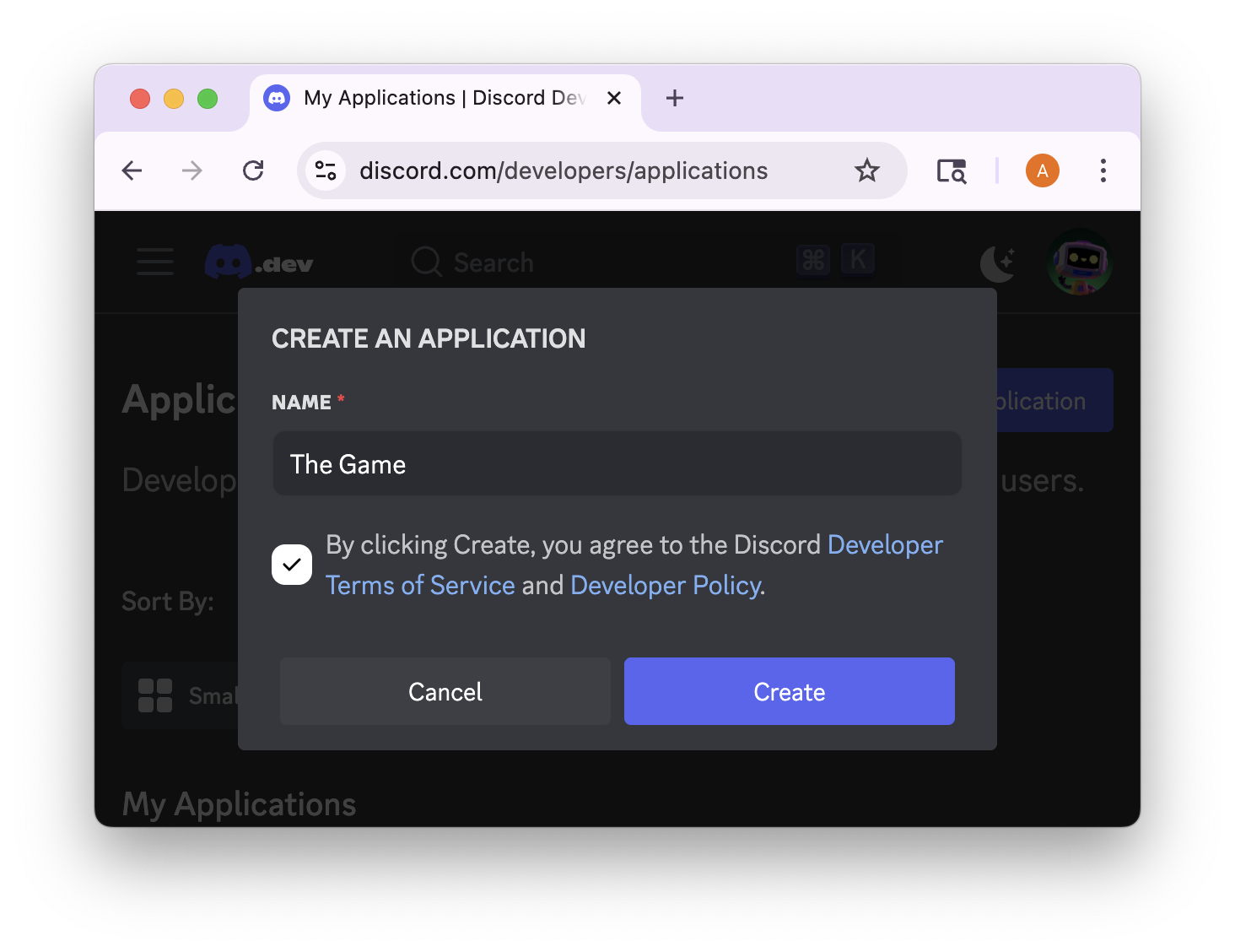 The pop up seen when creating a new application in the Discord Developer Portal.