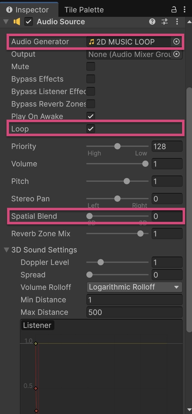 Inspector window showing an Audio Source component. The Audio Clip field is highlighted and set to “2D MUSIC LOOP”. The Loop option is also highlighted, with its checkbox checked.