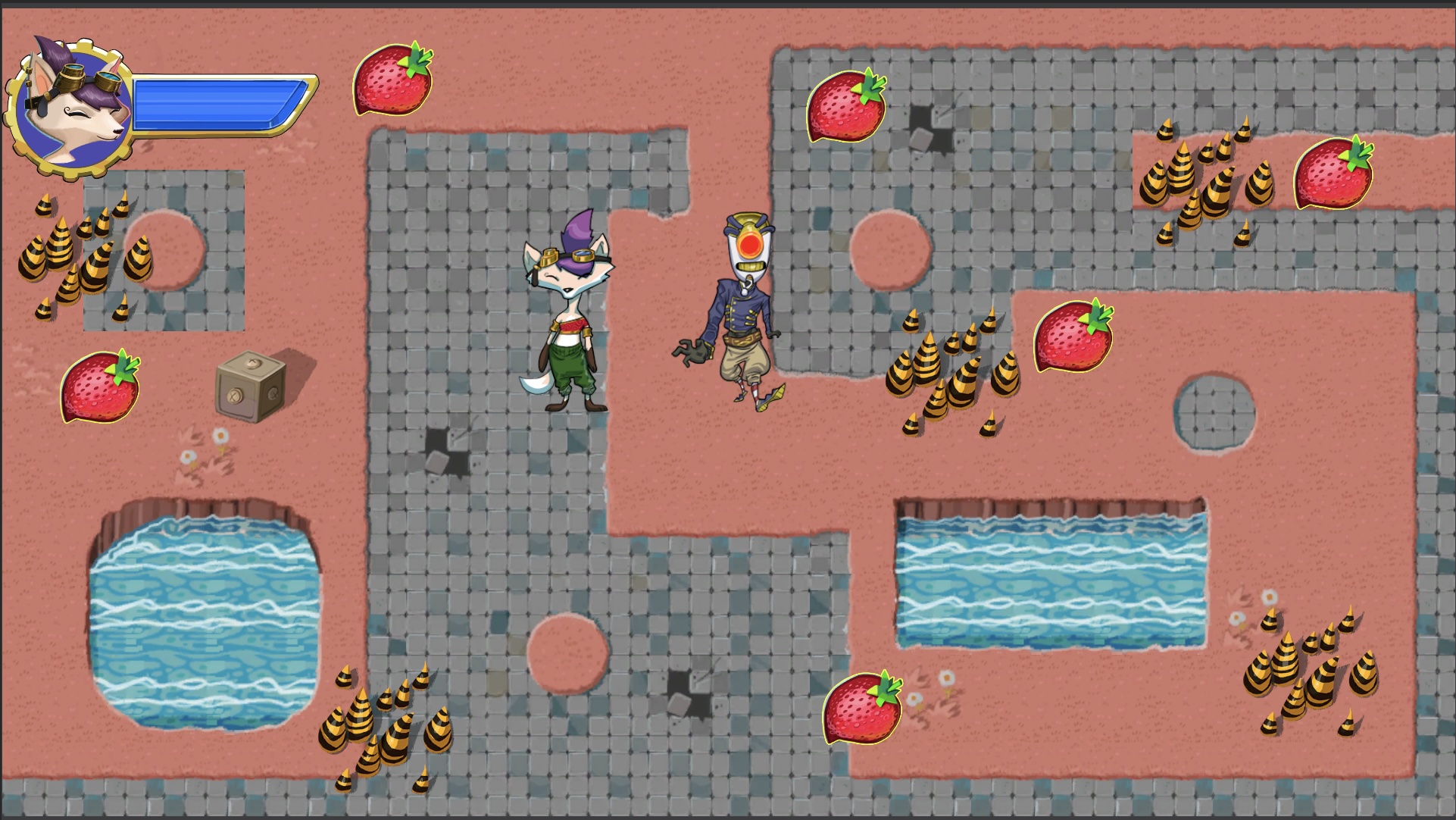 Game level showing Ruby’s health bar at the top and the Ruby character nearby, surrounded by enemies, damage zones, and collectible items.