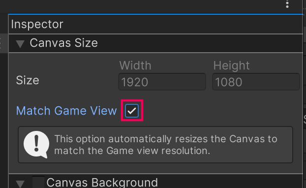 Canvas Size’s Inspector settings with “Match Game View” checkbox highlighted as enabled.