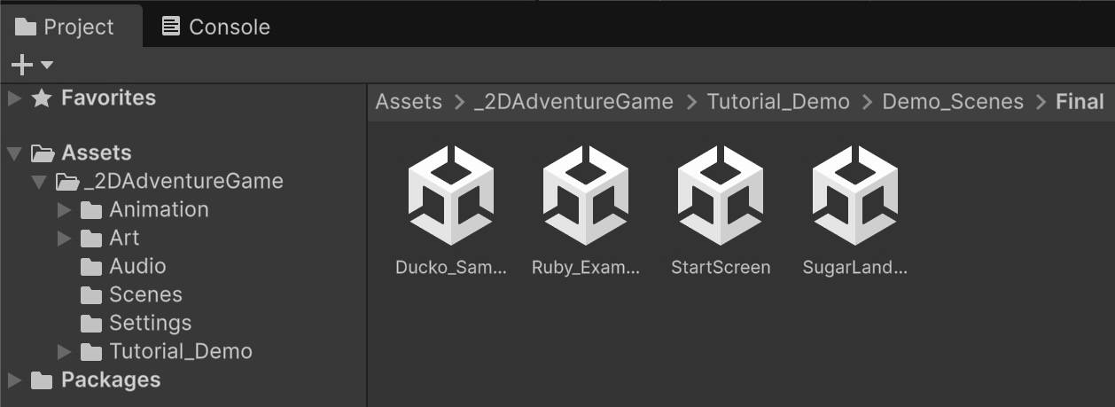 Screenshot of the Project window showing the Scenes folder