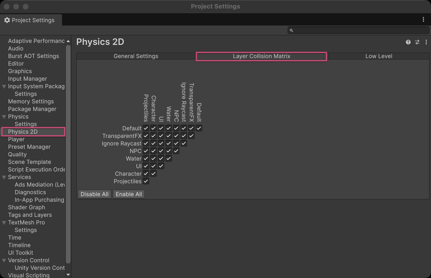 Unity Project Settings window open to Physics 2D. The Layer Collision Matrix is highlighted in red and shows checkboxes for every layer interaction between Default, TransparentFX, Ignore Raycast, NPC, Water, UI, Character, and Projectiles. Buttons for Disable All and Enable All appear below.
