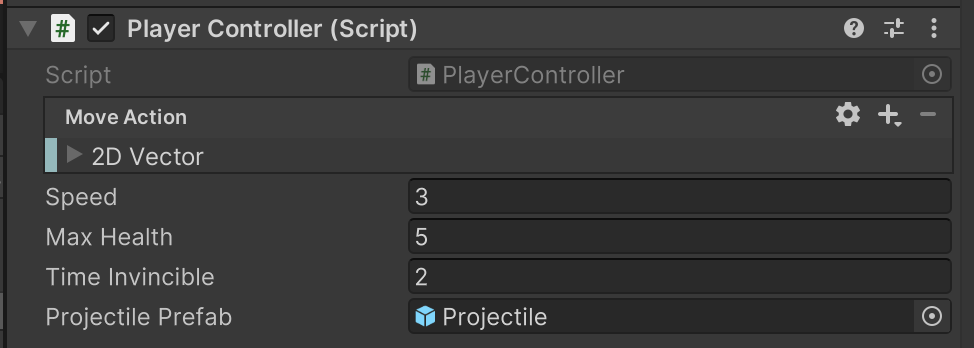 Unity Inspector showing the Player Controller (Script) component. The Move Action Input Action is a 2D Vector. The following fields are set as: Speed 3, Max Health 5, Time Invincible 2, and Projectile Prefab to the Projectile prefab.