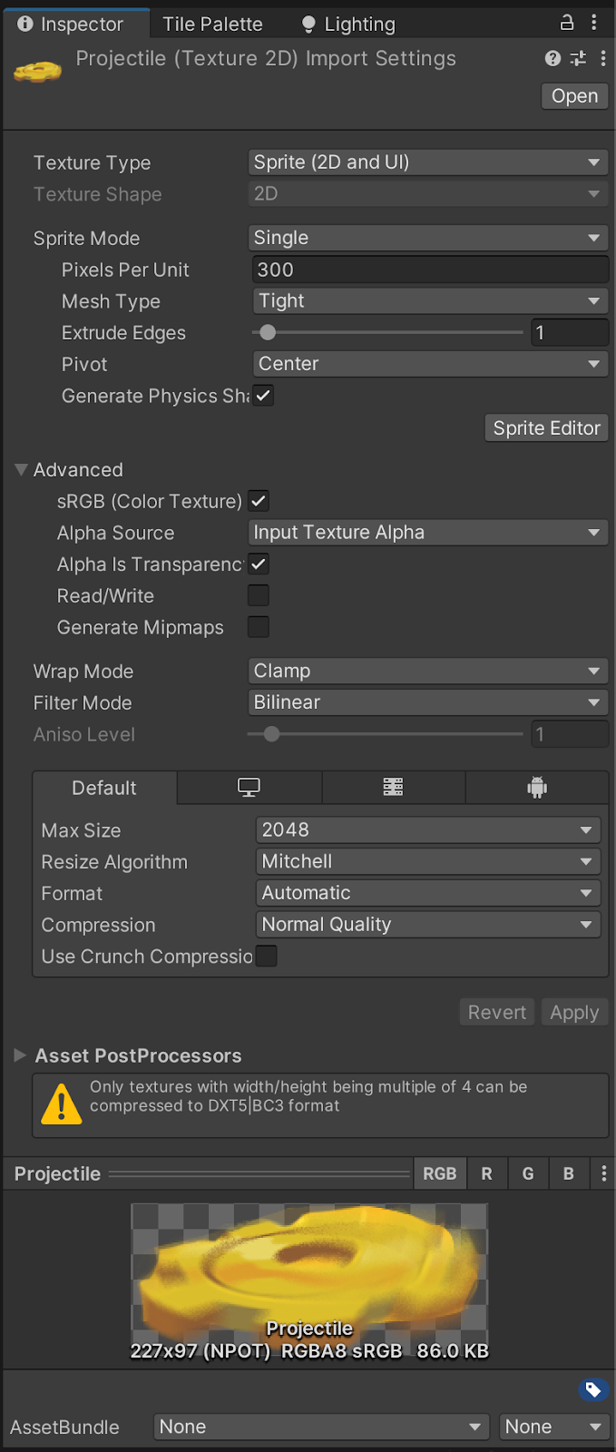 Unity Inspector showing import settings for a 2D sprite named “Projectile.” Texture type is Sprite (2D and UI), Sprite Mode Single, Pixels Per Unit 300, Mesh Type Tight, Pivot Center, Generate Physics Shape enabled. Advanced: sRGB on, Alpha Source “Input Texture Alpha,” Alpha Is Transparency checked, Wrap Mode Clamp, Filter Mode Bilinear. Platform settings use Max Size 2048, Format Automatic, Compression Normal Quality. A yellow swirling projectile sprite preview appears at the bottom.
