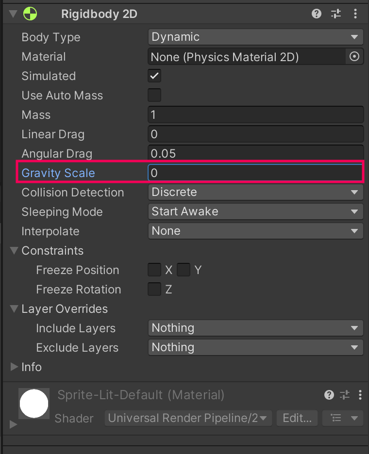 Unity Inspector showing a Rigidbody 2D component with the Gravity Scale property set to 0 and highlighted in red.