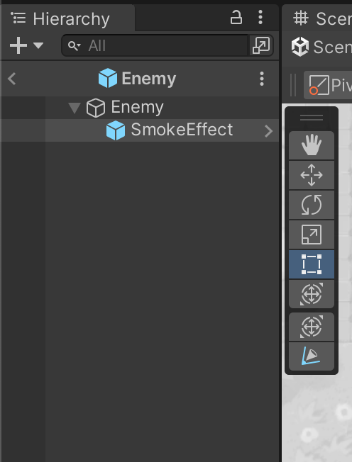 Unity Hierarchy showing Enemy object with a child “SmokeEffect” particle system selected.]
