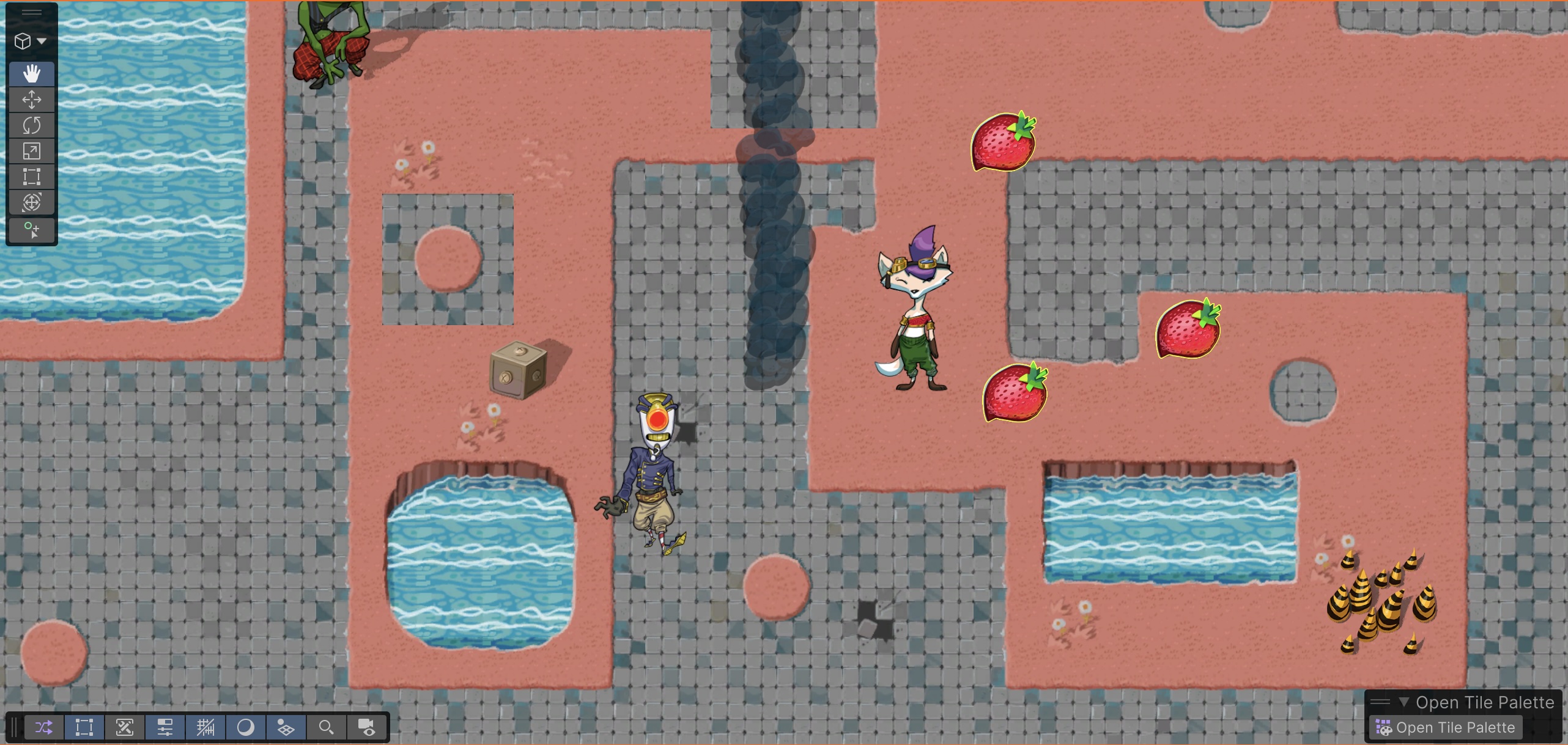 Game view showing a vertical trail of dark smoke particles rising upward. The Ruby character is nearby, alongside strawberries, a water area, and a damage zone.