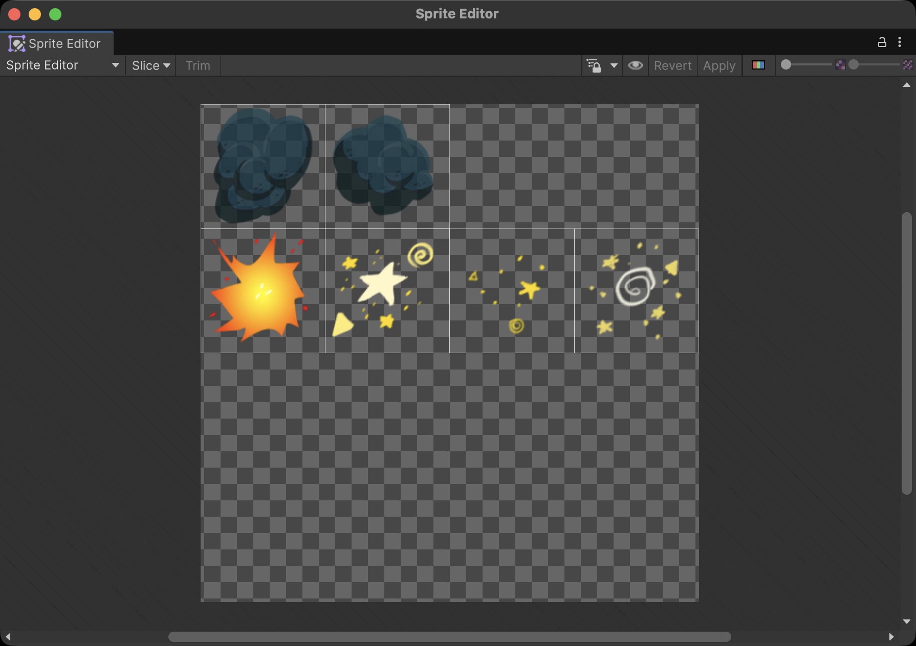 Unity Sprite Editor showing a sprite sheet of smoke puffs and star/explosion effects, sliced into multiple frames.