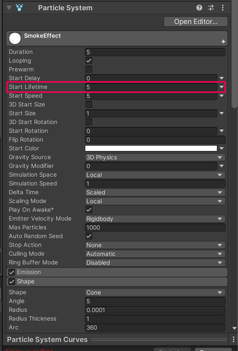 Unity Particle System component for “SmokeEffect” with parameters; Start Lifetime highlighted at value 5.]