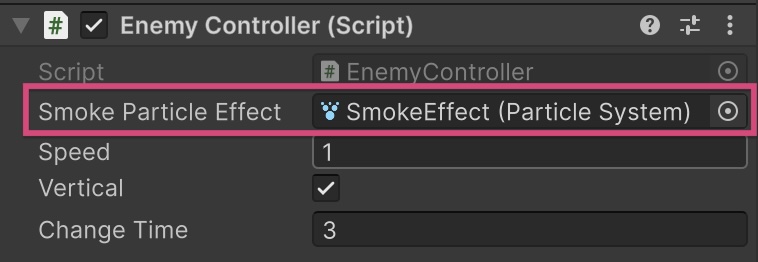 Enemy Controller (Script) component with a field “Smoke Particle Effect” assigned to SmokeEffect (Particle System)