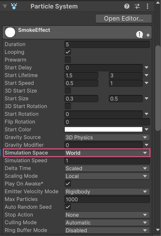 Inspector window showing the Particle System settings for the SmokeEffect. The Simulation Space property is highlighted and set to “World”