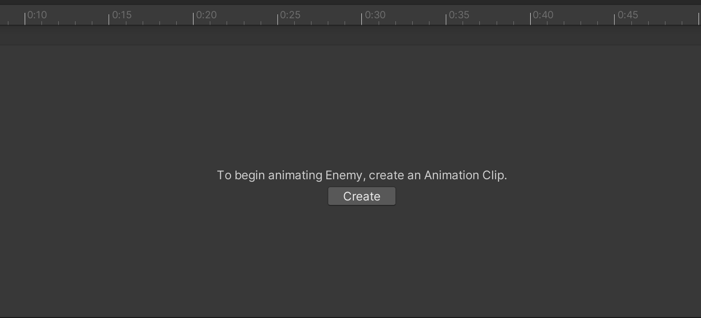 The Animation window, showing the Create button to create a new Animation Clip for the Enemy GameObject.