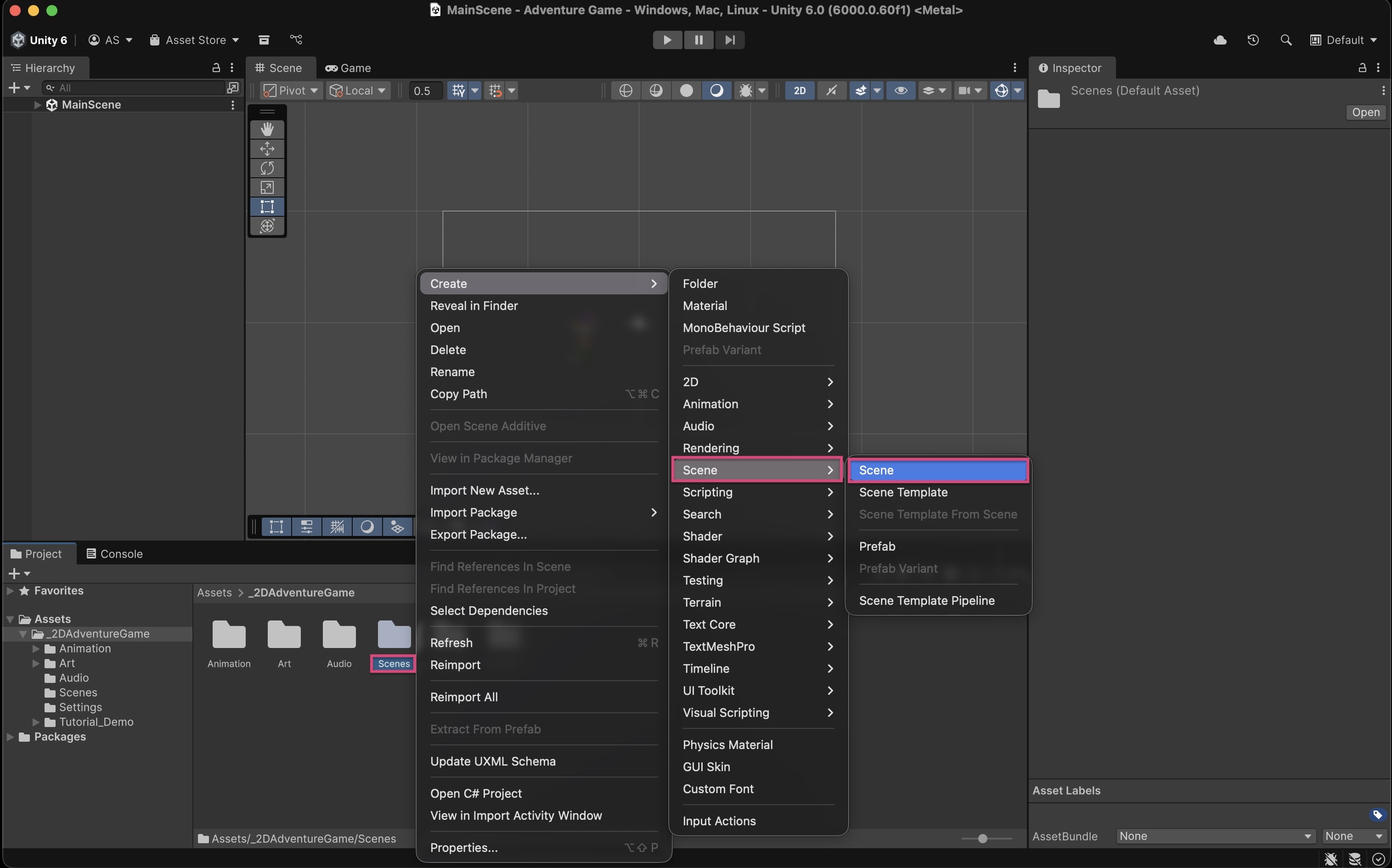 The Unity Editor with the Scenes folder selected (red highlight) in the Project window. The context menu is open, with the Create menu item selected (red highlight), and the Create submenu is open with the Scene menu item selected (red highlight).