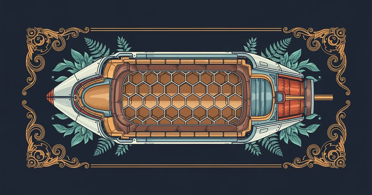 A detailed structural cross-section of a rocket, Victorian botanical illustration style, representing a Learning Whistle learning path on aerospace structures.