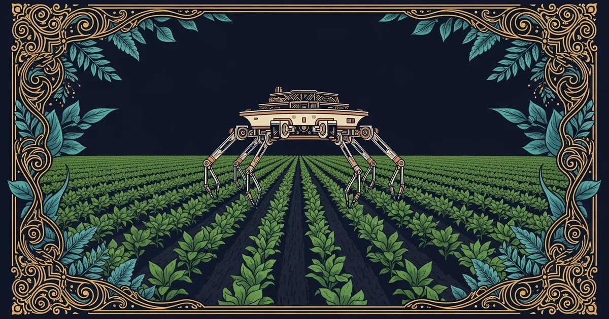 An autonomous robotic platform moving through a lush, green field of row crops, Victorian botanical illustration style, representing a Learning Whistle learning path on Agricultural Robotics.