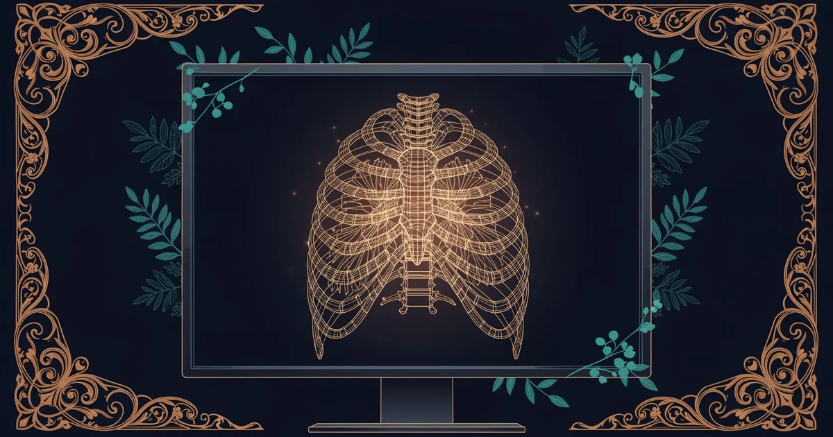 A glowing digital wireframe of a human chest cavity, Victorian botanical illustration style, representing a Learning Whistle learning path on AI-assisted diagnostic imaging.