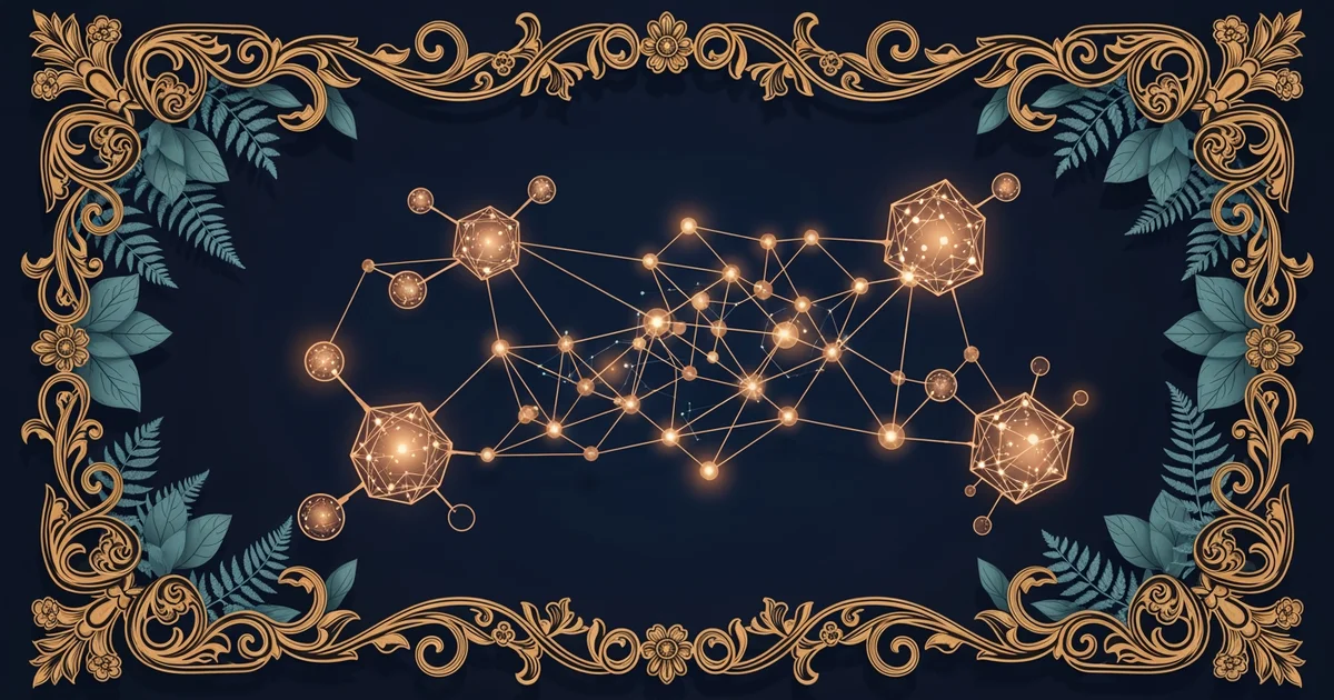 A glowing digital network connecting molecular structures, Victorian botanical illustration style, representing a Learning Whistle learning path on AI-driven drug discovery pipelines.