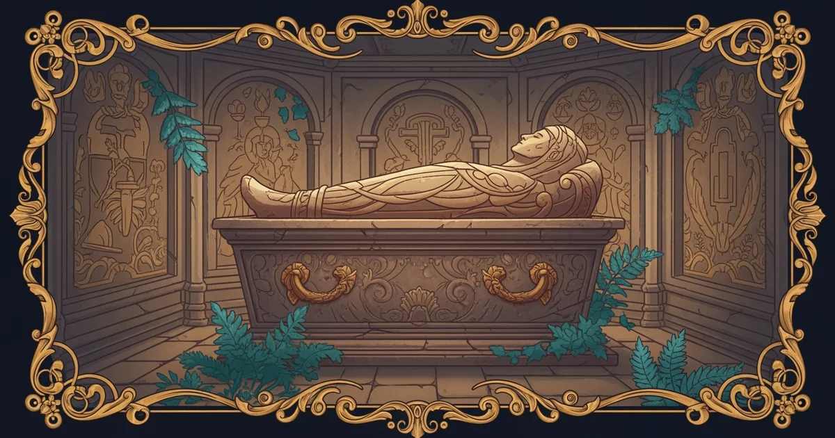 A stone sarcophagus resting inside a limestone burial chamber, Victorian botanical illustration style, representing a Learning Whistle learning path on Ancient Egyptian Funerary Practices.