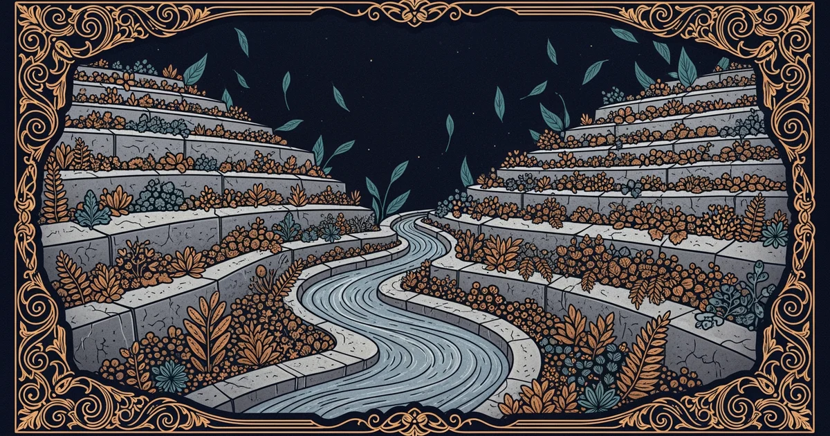 A stone relief carving of a river valley, Victorian botanical illustration style, representing a Learning Whistle learning path on Ancient Mesopotamian Civilizations.