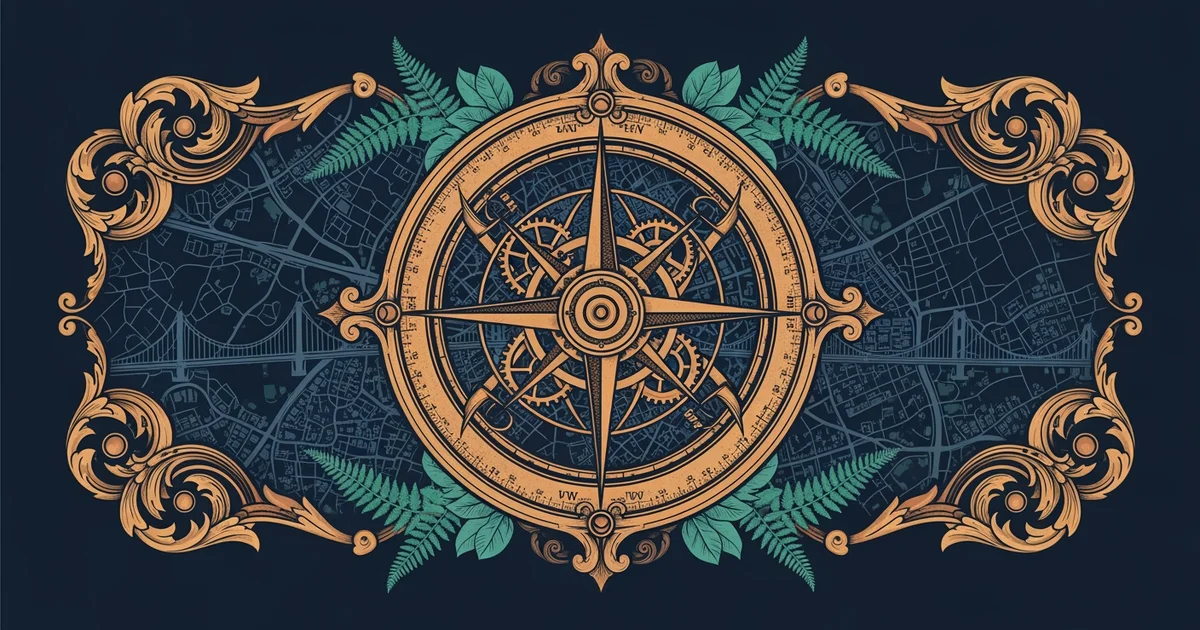 A complex geometric compass overlaid on a map, Victorian botanical illustration style, representing a Learning Whistle learning path on Anticipatory Governance.