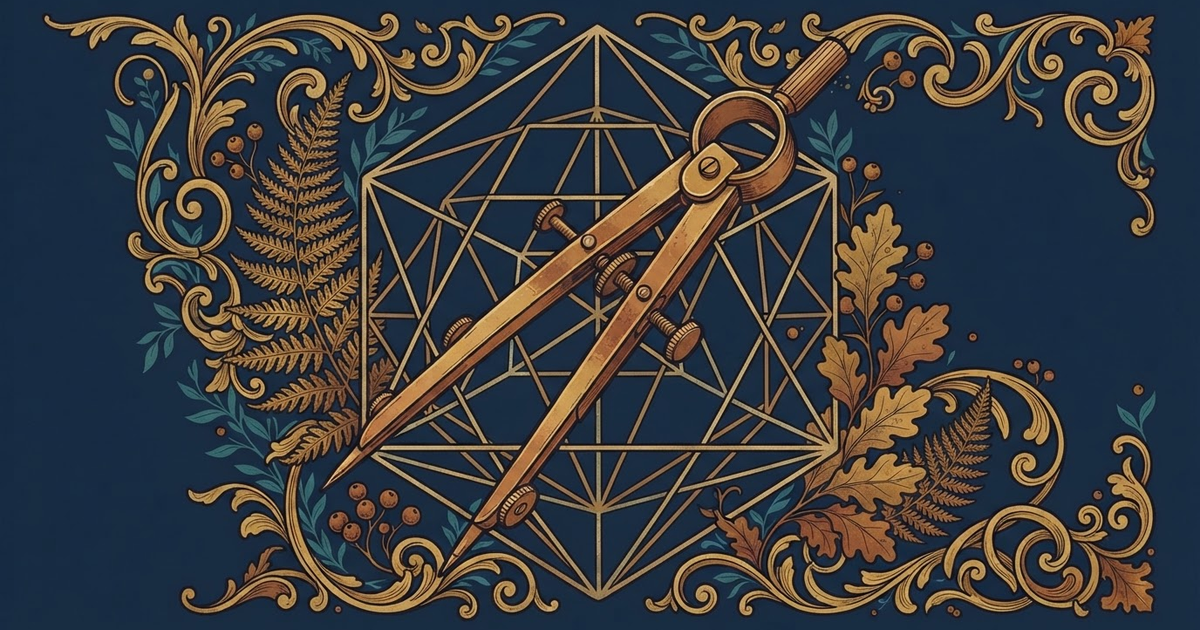 A metal drafting compass placed on top of a technical drawing showing complex geometric patterns.