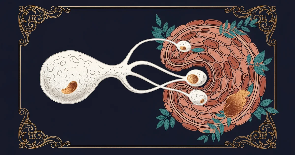 A stylized white blood cell interacting with healthy tissue, Victorian botanical illustration style, representing a Learning Whistle learning path on Autoimmune Conditions.