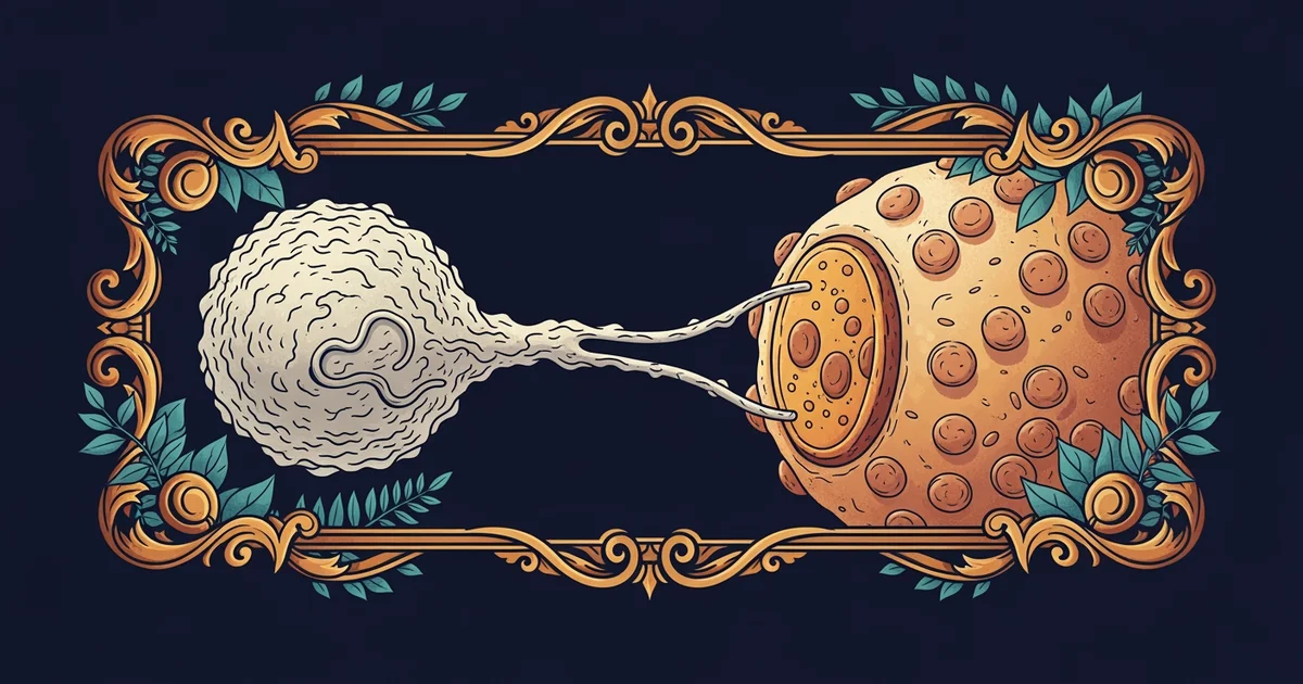 A stylized, microscopic view of a white blood cell interacting with a healthy cell surface, Victorian botanical illustration style, representing a Learning Whistle learning path on Autoimmune Literacy