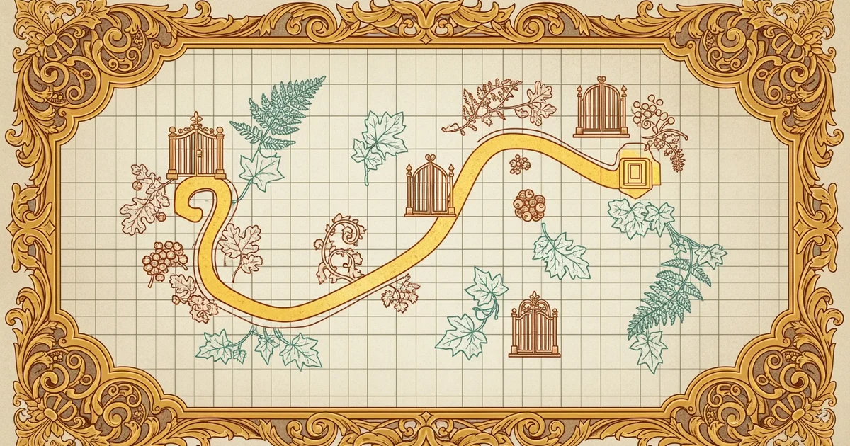 A top-down view of a digital grid map with a highlighted path winding through obstacles, Victorian botanical illustration style, representing a Learning Whistle learning path on Autonomous Path Planni