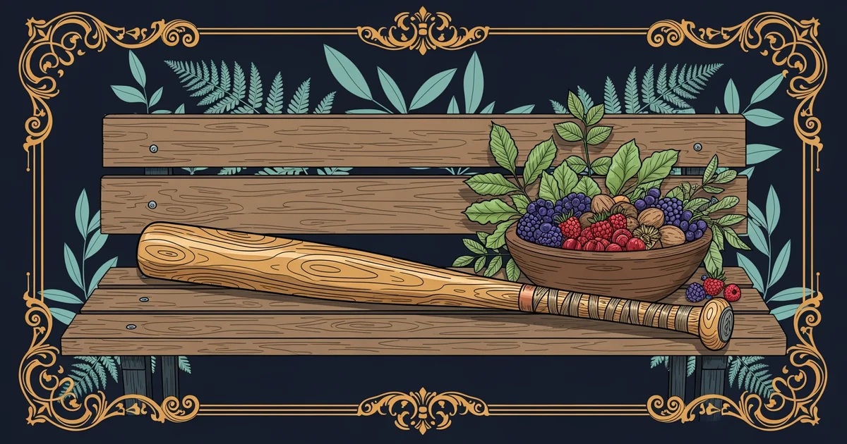A baseball bat and healthy food items, Victorian botanical illustration style, representing a Learning Whistle learning path on Baseball Nutrition and Athletic Longevity.