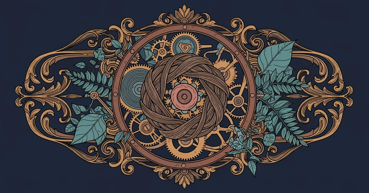 A complex clock mechanism with one gear made of organic material, Victorian botanical illustration style, representing a Learning Whistle learning path on Behavioral Finance.