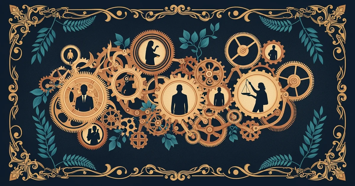 A complex network of gears and human silhouettes, Victorian botanical illustration style, representing a Learning Whistle learning path on behavioral public administration.