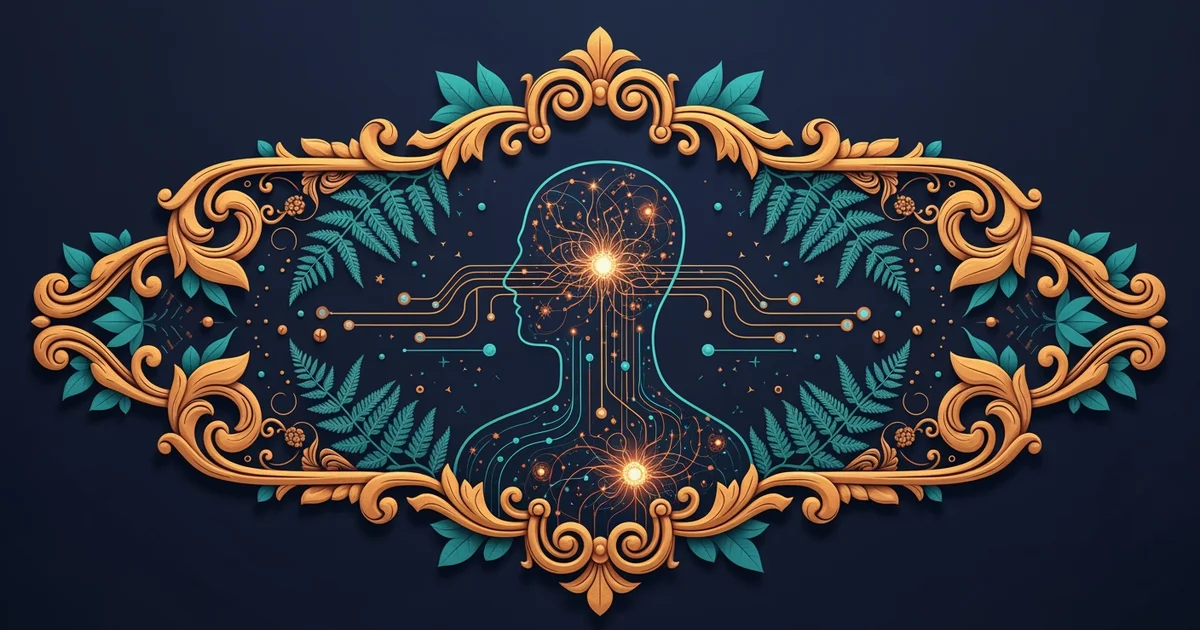 Digital silhouette with glowing neural networks, Victorian botanical illustration style, representing a Learning Whistle learning path on Biohacking.