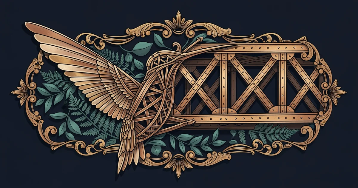 A metallic hummingbird wing structure merging with a complex architectural bridge truss, Victorian botanical illustration style, representing a Learning Whistle learning path on Biomimicry in Design.