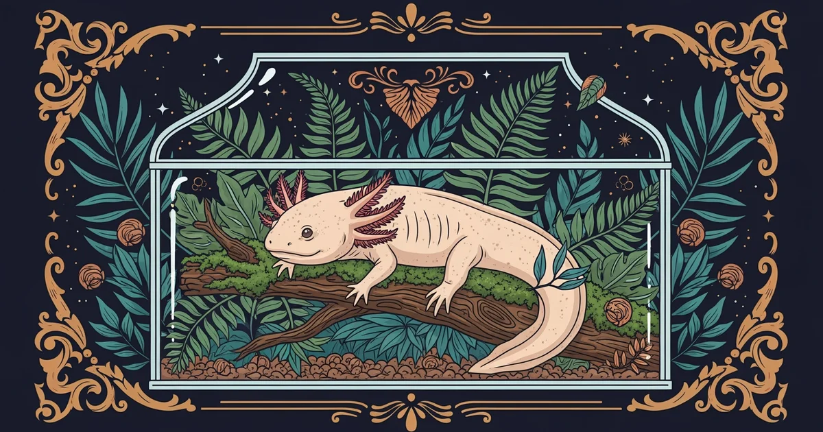 A detailed illustration of an axolotl resting on a mossy branch inside a glass terrarium filled with exotic, lush tropical ferns, Victorian botanical illustration style, representing a Learning Whistl
