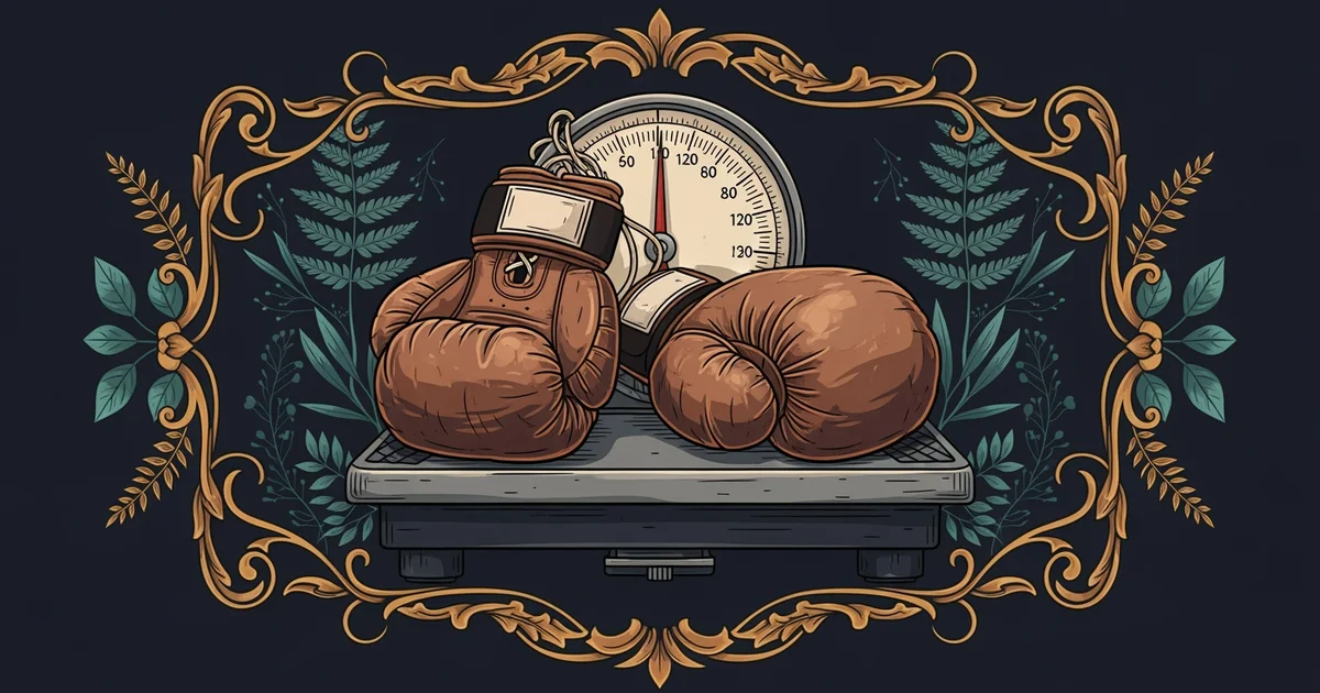 A pair of leather boxing gloves on a scale, Victorian botanical illustration style, representing a Learning Whistle learning path on Boxing Training.