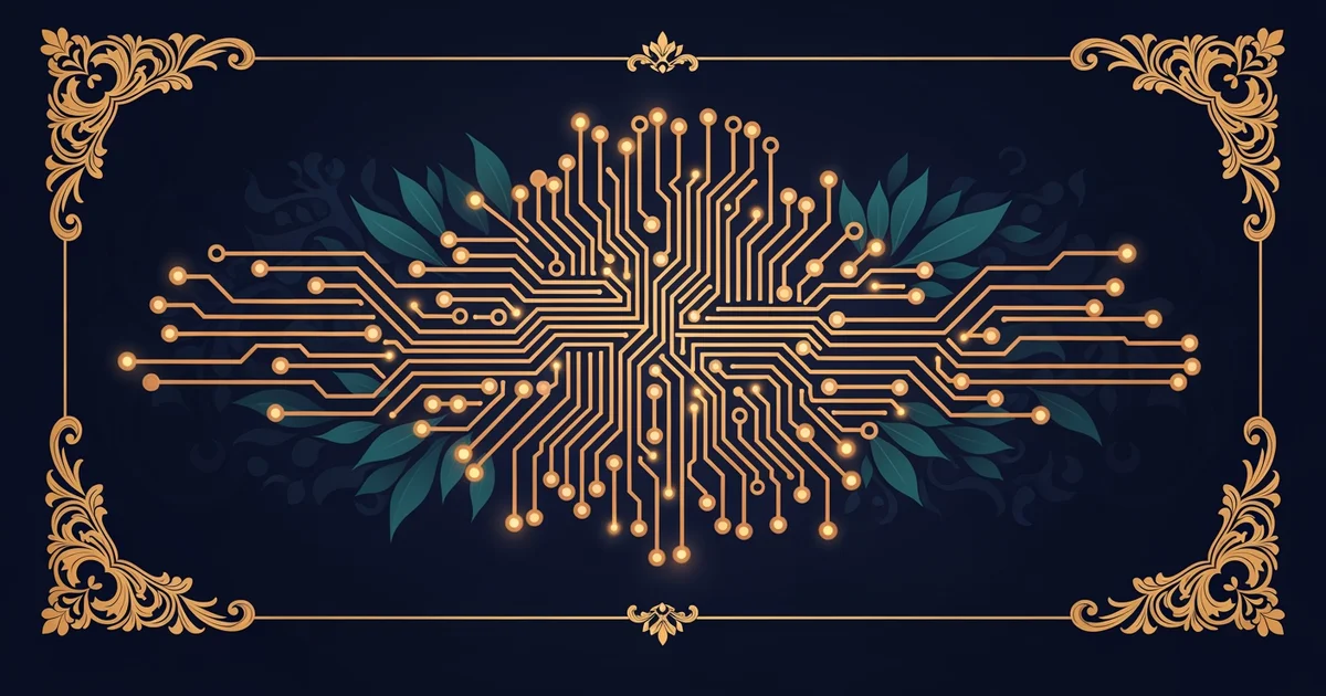 A glowing neural network circuit board pattern, Victorian botanical illustration style, representing a Learning Whistle learning path on Brain Computer Interfaces.