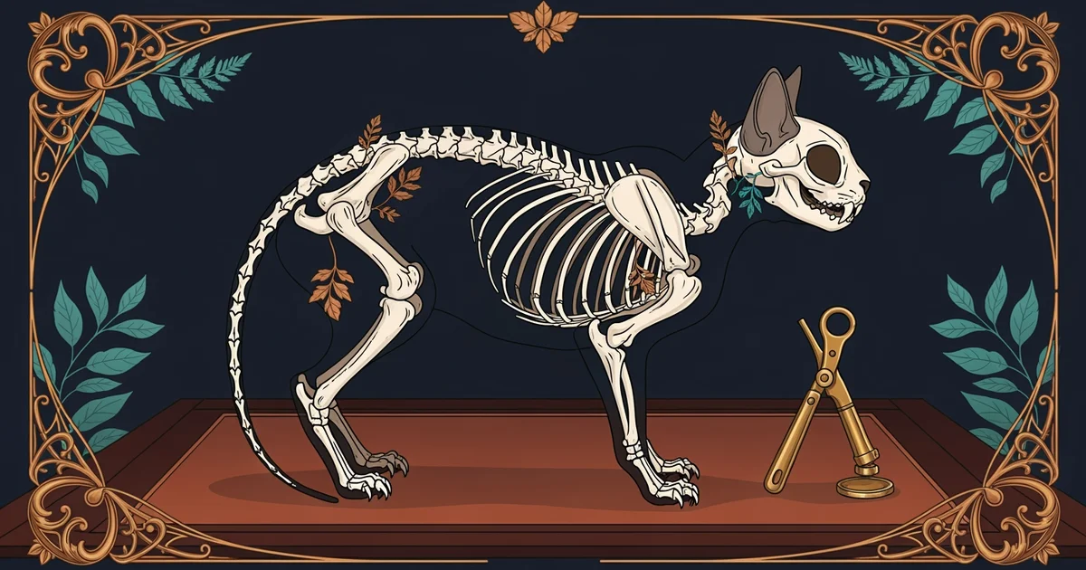 A detailed anatomical diagram of a tabby cat skeleton, Victorian botanical illustration style, representing a Learning Whistle learning path on Cat Training.