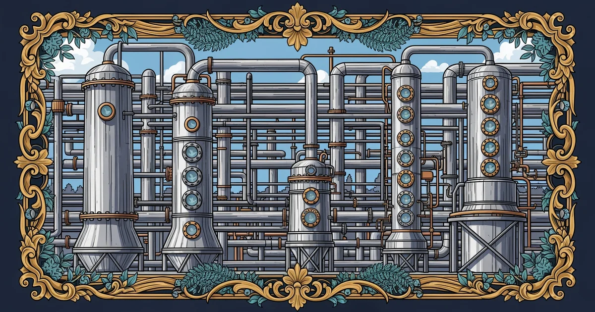 Industrial chemical plant pipes, Victorian botanical illustration style, representing a Learning Whistle learning path on Chemical Engineering Basics.
