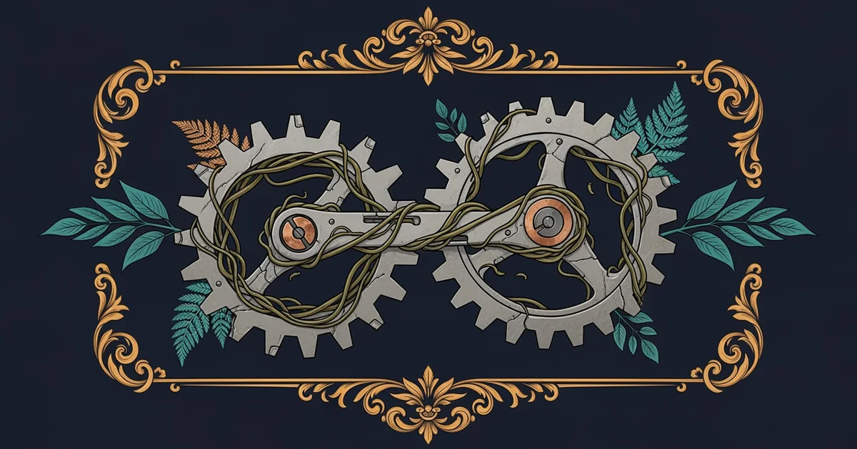 Intertwined gear mechanism, Victorian botanical illustration style, representing a Learning Whistle learning path on Circular Economy Business Modeling.