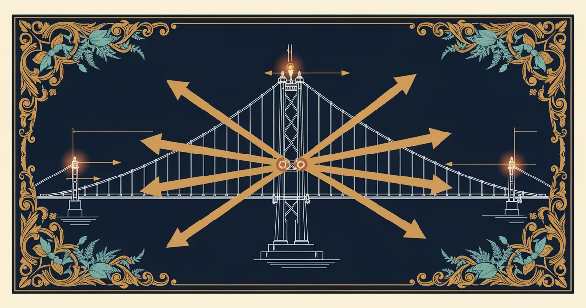 A detailed architectural blueprint of a suspension bridge showing force vectors, Victorian botanical illustration style, representing a Learning Whistle learning path on civil engineering landmarks.