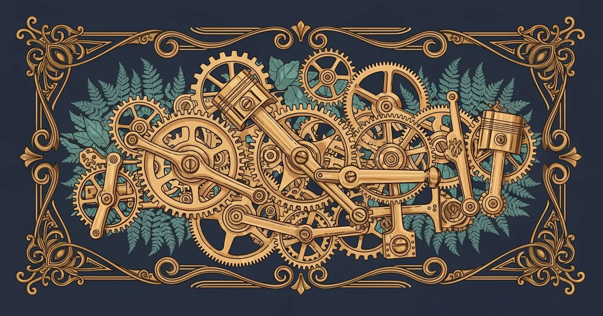 A complex network of interconnected gears and levers, Victorian botanical illustration style, representing a Learning Whistle learning path on Comparative Political Systems.