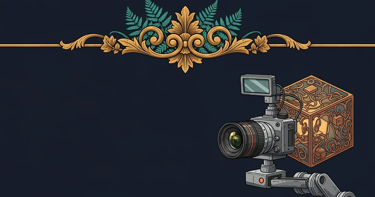A digital camera lens mounted on a small robotic arm looking at a geometric cube, Victorian botanical illustration style, representing a Learning Whistle learning path on Computer Vision for Robotics.