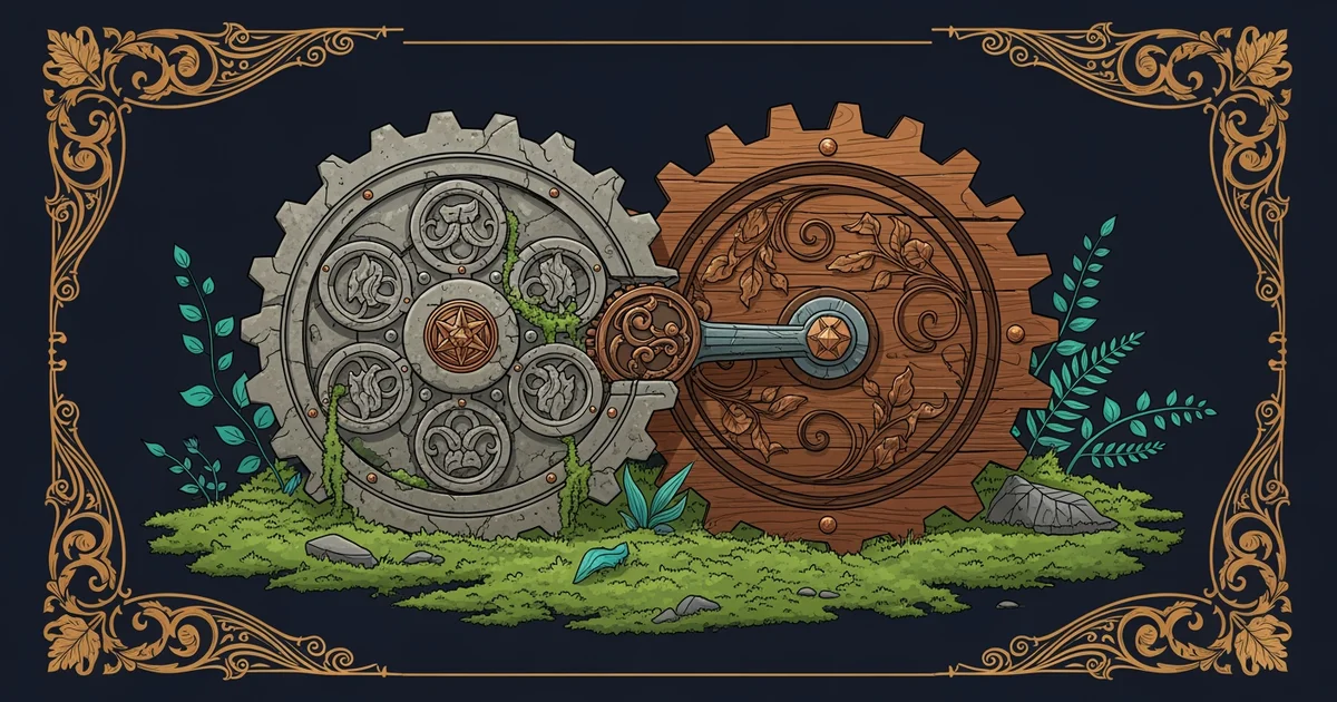 Interlocking gears on a forest floor, Victorian botanical illustration style, representing a Learning Whistle learning path on Conflict Resolution and Peace Studies.