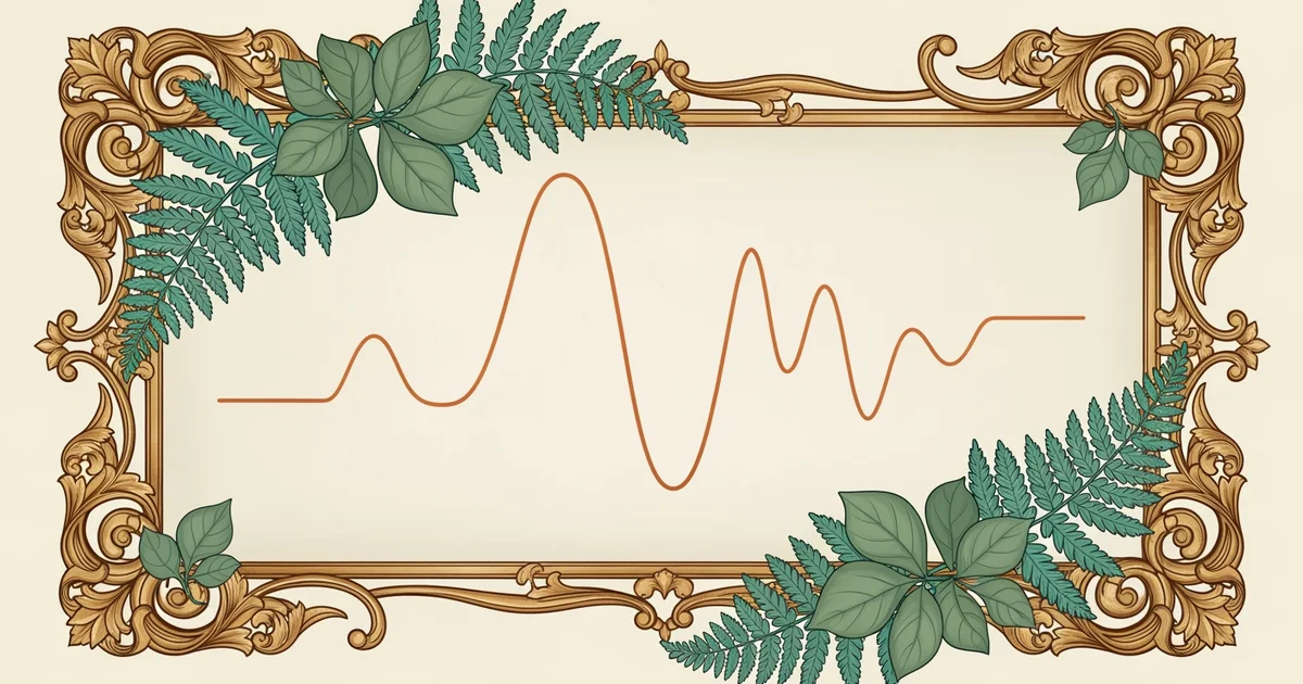 Digital glucose trend line graph, Victorian botanical illustration style, representing a Learning Whistle learning path on continuous glucose monitoring data interpretation.