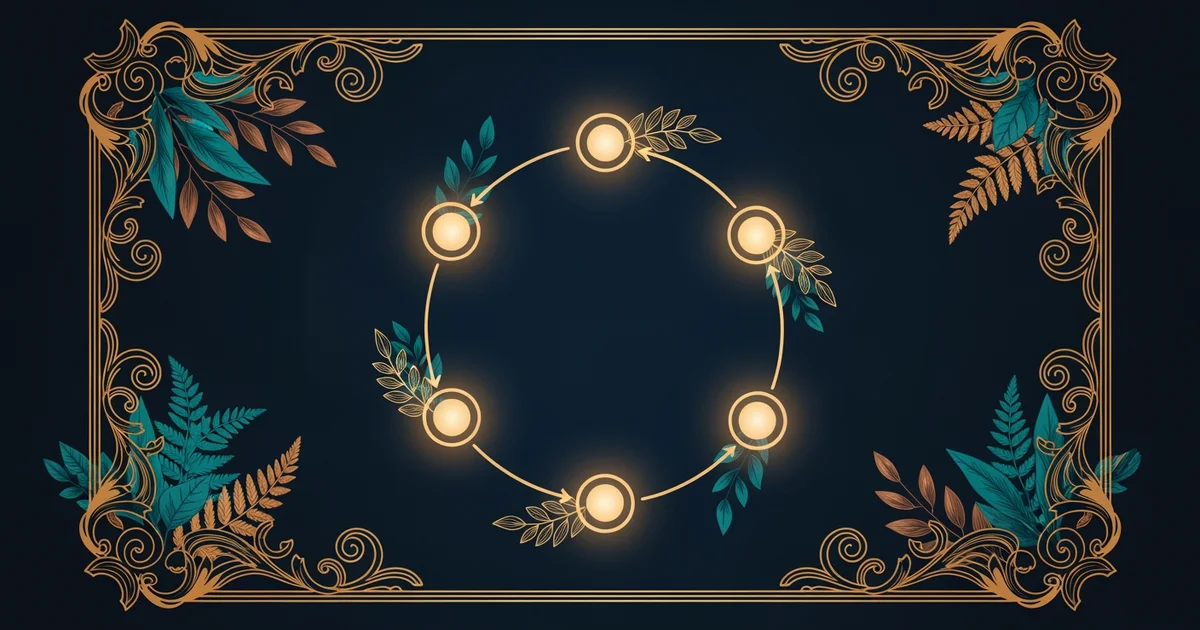 A circular feedback loop with glowing nodes, Victorian botanical illustration style, representing a Learning Whistle learning path on Control Systems Theory.